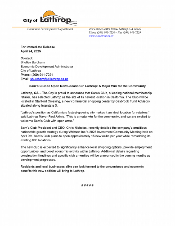 SAM'S CLUB TO OPEN NEW LOCATION IN LATHROP