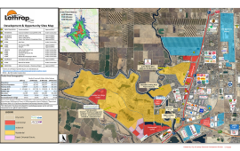 Map of City of Lathrop displaying new development and site opportunities - 4.14.2025