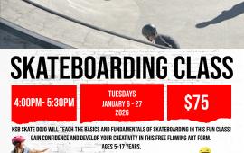 Skateboarding | Tuesdays | Jan 2026| 450 Spartan Way | 4PM - 5:30PM | $75 per child | board and safety equip required