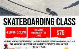Skateboarding | Tuesdays | November 2025 | 450 Spartan Way | 4PM - 5:30PM | $75 per child | board and safety equip required