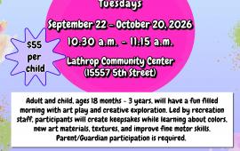 Parent + Me | Mini Picassos | Tuesdays Sep 22 - Oct 20 | 10:30AM - 11:15AM |Community Center 15557 5th St. | $55 per child 