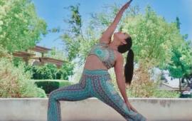 Yoga teacher posing in Valverde Park.
