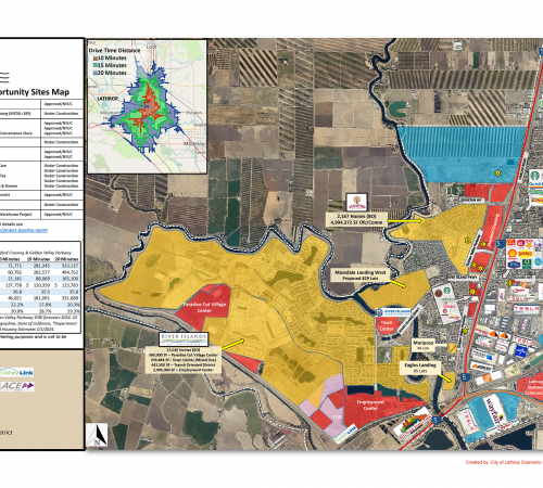 Map of City of Lathrop displaying new development and site opportunities - 4.14.2025