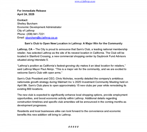 PRESS RELEASE: SAM'S CLUB TO OPEN NEW LOCATION IN LATHROP 4.24.2025