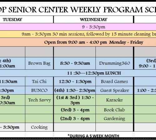 Senior Center Weekly Program Schedule