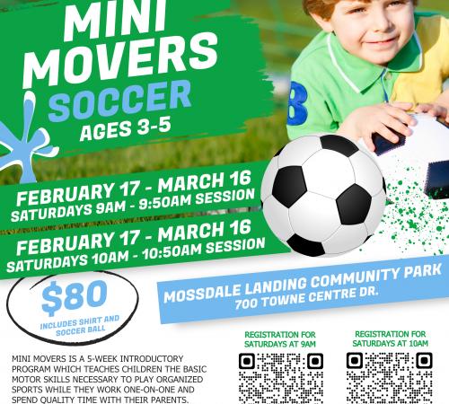 Mini Movers Soccer | Ages 3-5 | 700 Towne Centre Drive - Mossdale Landing Community Park | $80 | Feb 17 - Mar 16 