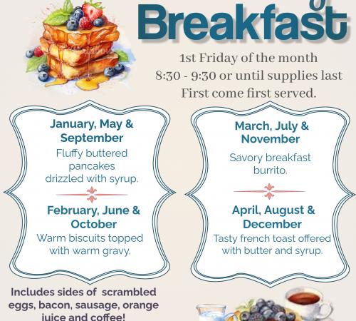 Country Breakfast | 1st Friday of Every Month | 15707 5th Street | $5 | Breakfast Served  8:30AM - 9:30AM 