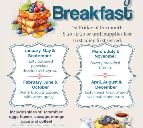 Country Breakfast | 1st Friday of Every Month | 15707 5th Street | $7 | Breakfast Served  8:30AM - 9:30AM 
