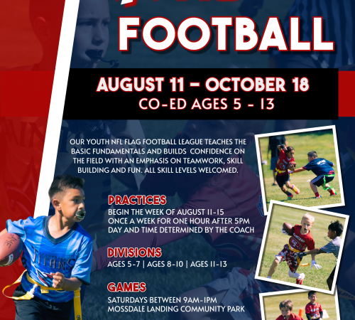 Youth Flag Football | Aug 11 - Oct 18 | CO-ED Ages 5-13 | Games on Saturdays | 700 Towne Centre Drive Mossdale Landing Park