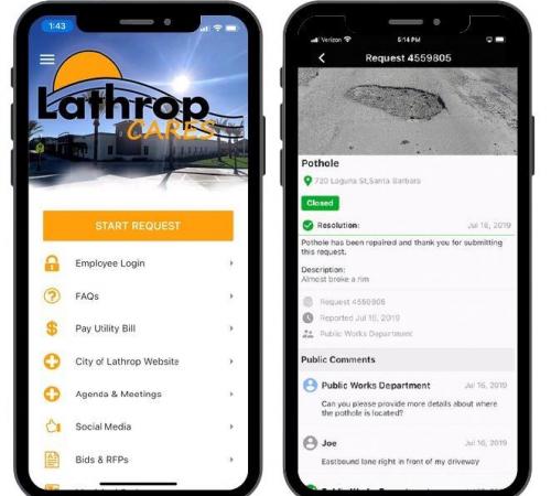 Two cell phones with the Lathrop Care app open