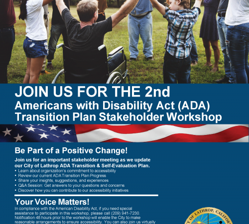 City of Lathrop 2nd ADA Stakeholder Workshop flyer includes people looking happy