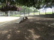 Wooden exercise ramp inside large dog area at Lathrop Dog Park at River Park South