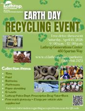 Earth Day Recycling Event | Sat. April. 18 | Generations Center 450 Spartan Way | 9am - 12 pm | Drive-Thru Event