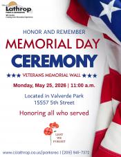 Memorial Day Ceremony | Monday, May 25, 2026 | 11am | 15557 Fifth St | Valverde Park | Honor and Remember 