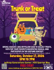 Trunk or Treat | Sat Oct 17 | 5PM to 7PM | Gen Center 450 Spartan Way | Bring a Bucket, Bag or Pillow Case to Collect  Treats! 