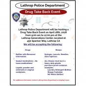 Lathrop Police Department | Drug Take Back Day | Saturday, April 18th | 9am - 12pm | Gen Center 450 Spartan Way Lathrop Police Department | Drug Take Back Day | Saturday, April 18th | 9am - 12pm | Gen Center 450 Spartan Way