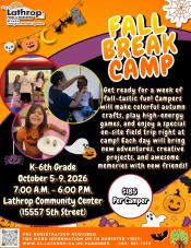 Fall Break Camp | October 5th-9th | 7AM - 6PM | Community Center 15557 5th Street | K- 6th grades | $185 per Camper Fall Break Camp | October 5th-9th | 7AM - 6PM | Community Center 15557 5th Street | K- 6th grades | $185 per Camper
