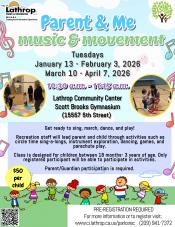Parent & Me | Music & Movement | Tuesday Jan 13 - April 7 | 10:30AM - 11:15AM | Community Center Gym | $50 per child 