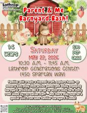 Parent & Me | Barnyard Bash | Saturday, May 23 | Gen Center 450 Spartan Way | 10:30AM - 11:45AM | $30 per child Parent & Me | Barnyard Bash | Saturday, May 23 | Gen Center 450 Spartan Way | 10:30AM - 11:45AM | $30 per child