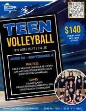 Teen Volleyball | Co-Ed Ages 13-17 | 8 Games | $140 per player includes jersey | Scott Brooks Gym 15557 5th Street