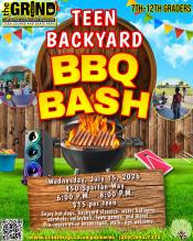 Teen Backyard BBQ Bash | Wednesday July 15 | 6PM - 8 PM | $15 per teen | 7th - 12th grades | Generations Center 450 Spartan Way Teen Backyard BBQ Bash | Wednesday July 15 | 6PM - 8 PM | $15 per teen | 7th - 12th grades | Generations Center 450 Spartan Way
