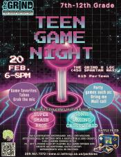 Teen Game Night | Friday Feb 20th | 6pm - 8pm | 7th - 12th grade | Gen Center 450 Spartan Way | $15 per teen 