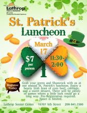 St. Patrick's Luncheon | Tuesday. March 17th | 15707 5th St. | 11:30AM - 2:00PM | $7 per senior | Space is Limited 