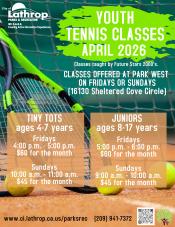 Youth Tennis | April 2026 | Fridays & Sundays | Park West 16130 Sheltered Cove Circle | prices listed 
