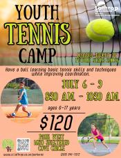 Youth Tennis Camp | Ages 6-17 years | Park West 16130 Sheltered Cove Circle | July 6- 9 | 8:30AM - 10:30AM | $120 Youth Tennis Camp | Ages 6-17 years | Park West 16130 Sheltered Cove Circle | July 6- 9 | 8:30AM - 10:30AM | $120