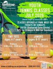 Youth Tennis | July 2026 | Fridays or Sundays | Park West 16130 Sheltered Cove Circle | prices listed 