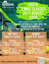 Youth Tennis | July & Aug 2026 | Fridays or Sundays | Park West 16130 Sheltered Cove Circle | prices listed Youth Tennis | July & Aug 2026 | Fridays or Sundays | Park West 16130 Sheltered Cove Circle | prices listed