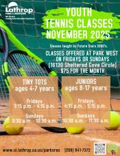 Youth Tennis | Fridays and Sundays November | Park West 16130 Sheltered Cove Circle | $75 per month Youth Tennis | Fridays and Sundays November | Park West 16130 Sheltered Cove Circle | $75 per month