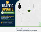 A traffic update informing that the work at McKinley Ave. at Yosemite Ave. has been completed and McKinley Ave. is now open.