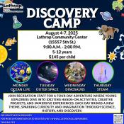 Discovery Camp | August 4th - 7th | 9AM - 2PM |Community Center 15557 5th Street | $145 Per Child Discovery Camp | August 4th - 7th | 9AM - 2PM |Community Center 15557 5th Street | $145 Per Child