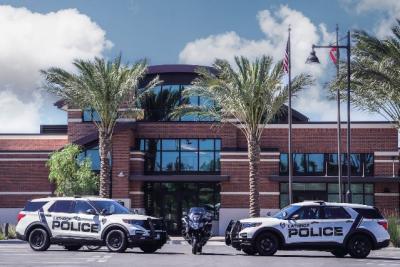 Picture of the Lathrop Police Department Building and Fleet