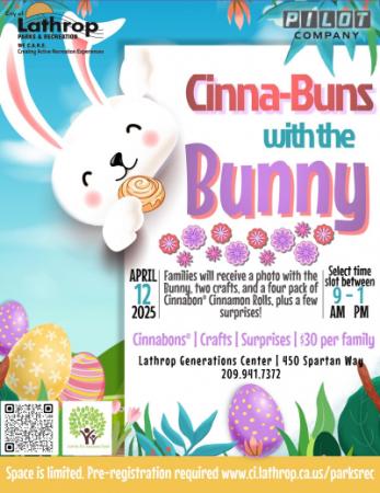 Cinna-Buns with the Bunny Flyer with detailed information about the event. Colorful eggs and a white Easter Bunny.