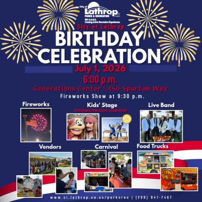 July 1st flyer with pictures of attractions, bands, activities and fireworks