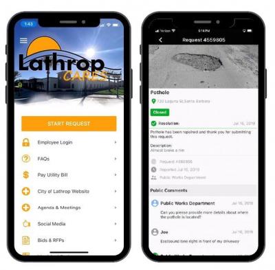 Two cell phones with the Lathrop Care app open