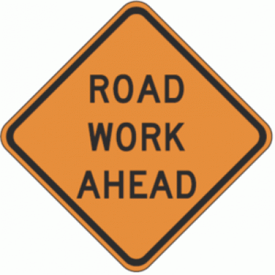 Road work ahead orange sign with black text