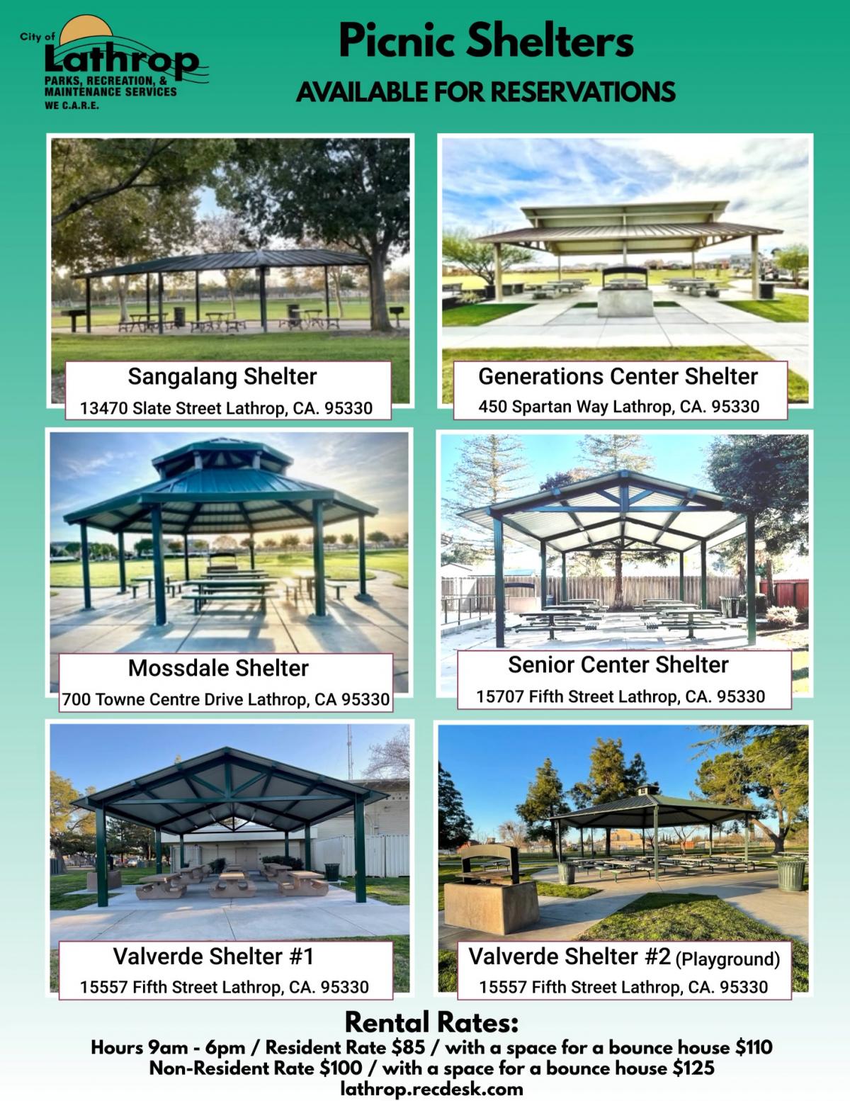 Available Picnic Shelters for rent with prices and addresses.