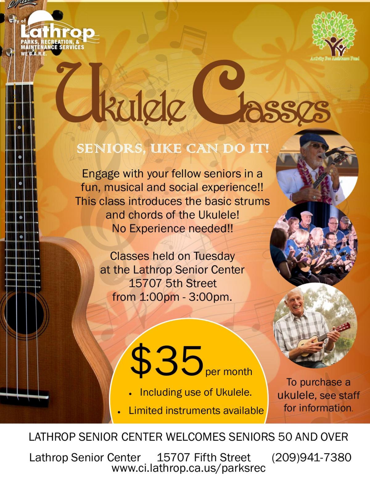 Ukulele Classes | Tuesdays at the Senior Center 15707 Fifth Street at 1:00pm| $35 per month