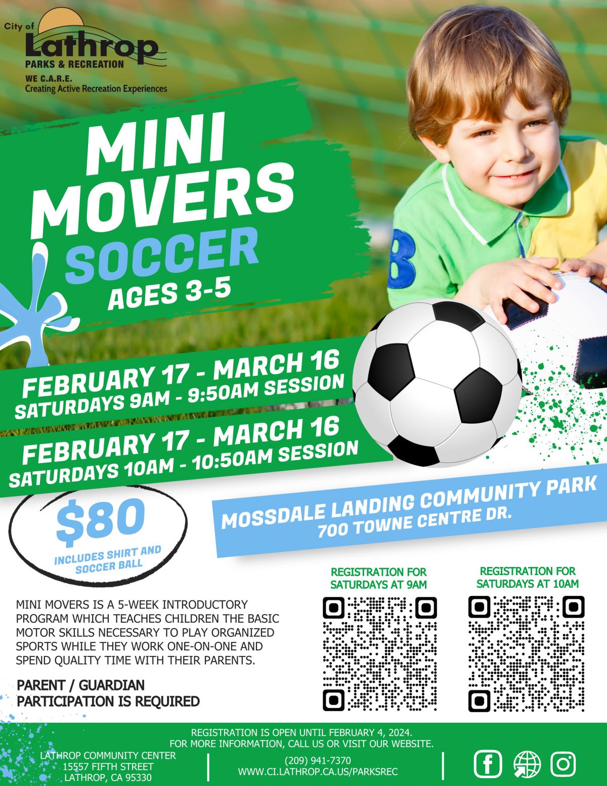 Mini Movers Soccer | Ages 3-5 | 700 Towne Centre Drive - Mossdale Landing Community Park | $80 | Feb 17 - Mar 16 