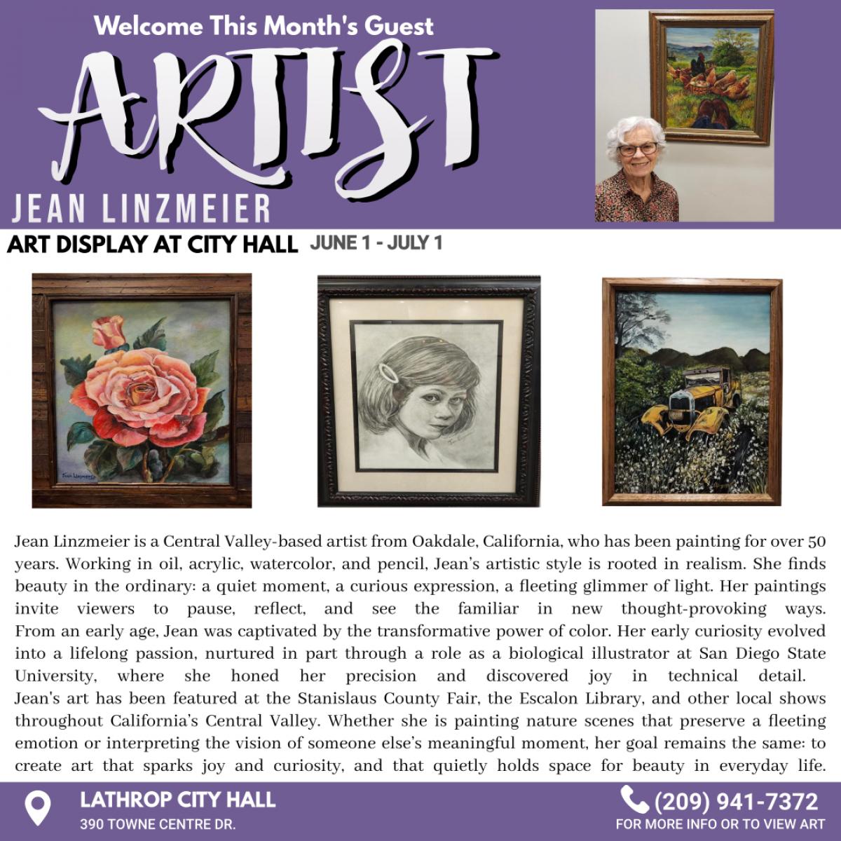 Jean Linzmeier | June 1 - July 1 | Art Display at City Hall 390 Towne Centre Drive