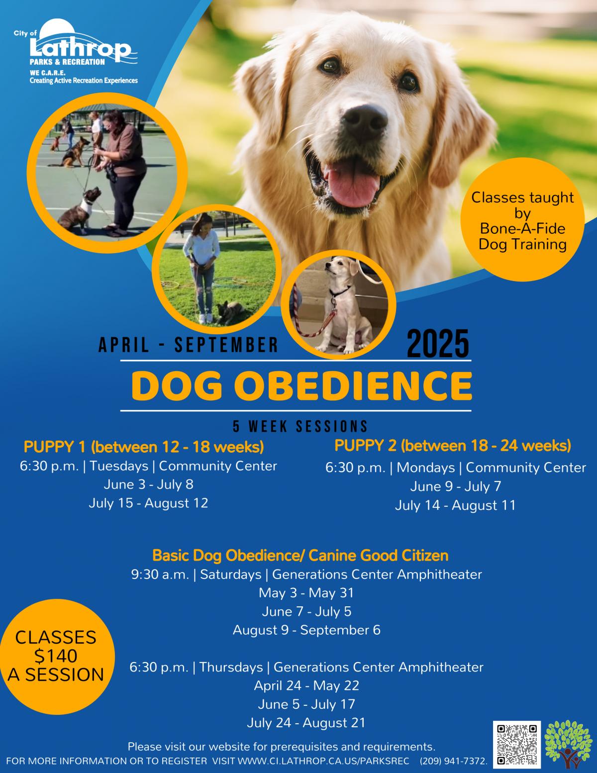 Dog Obedience | 5 week sessions | located at 2 centers in town please see flyer for more info