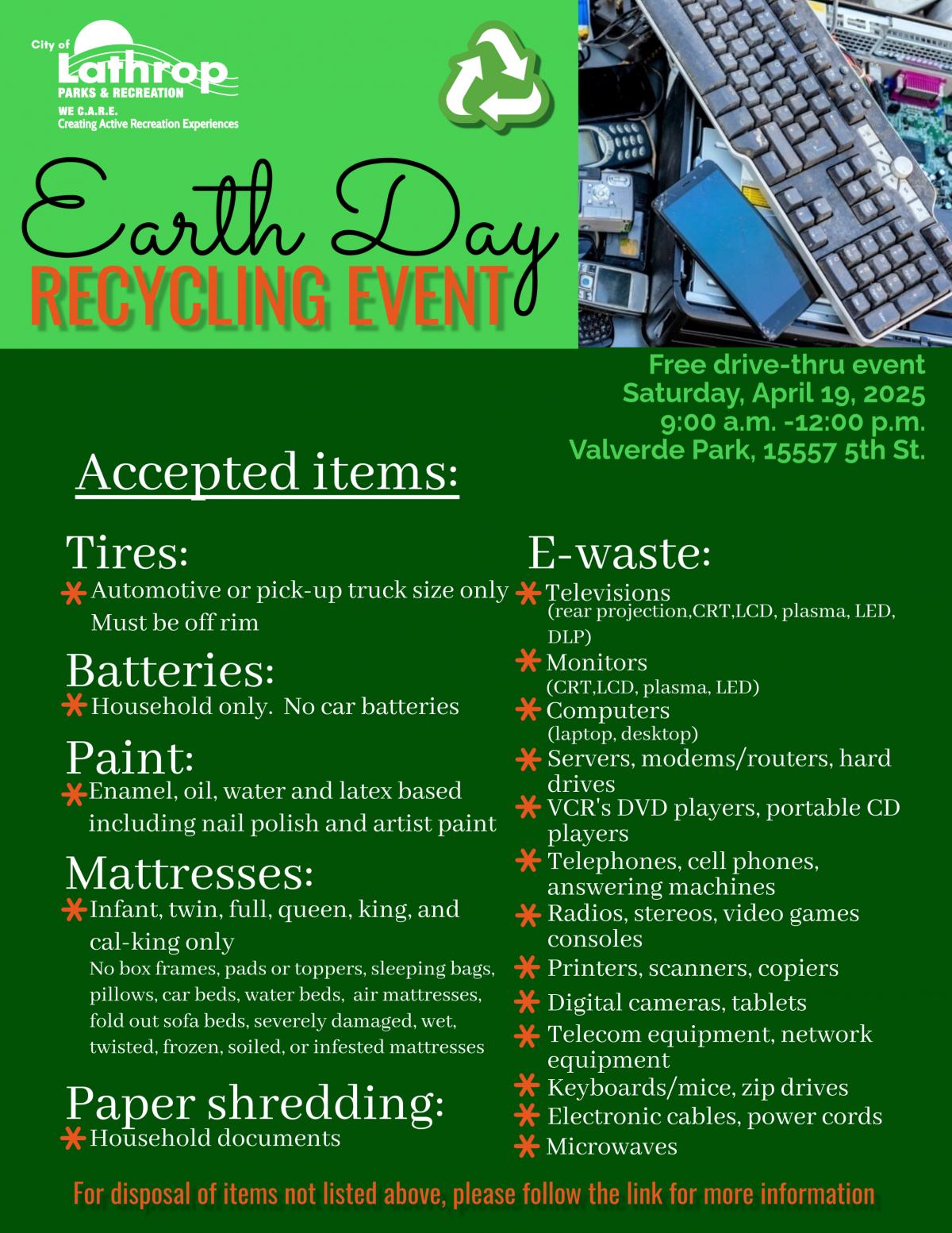 2025 Earth Day Recycling Event Accepted Items