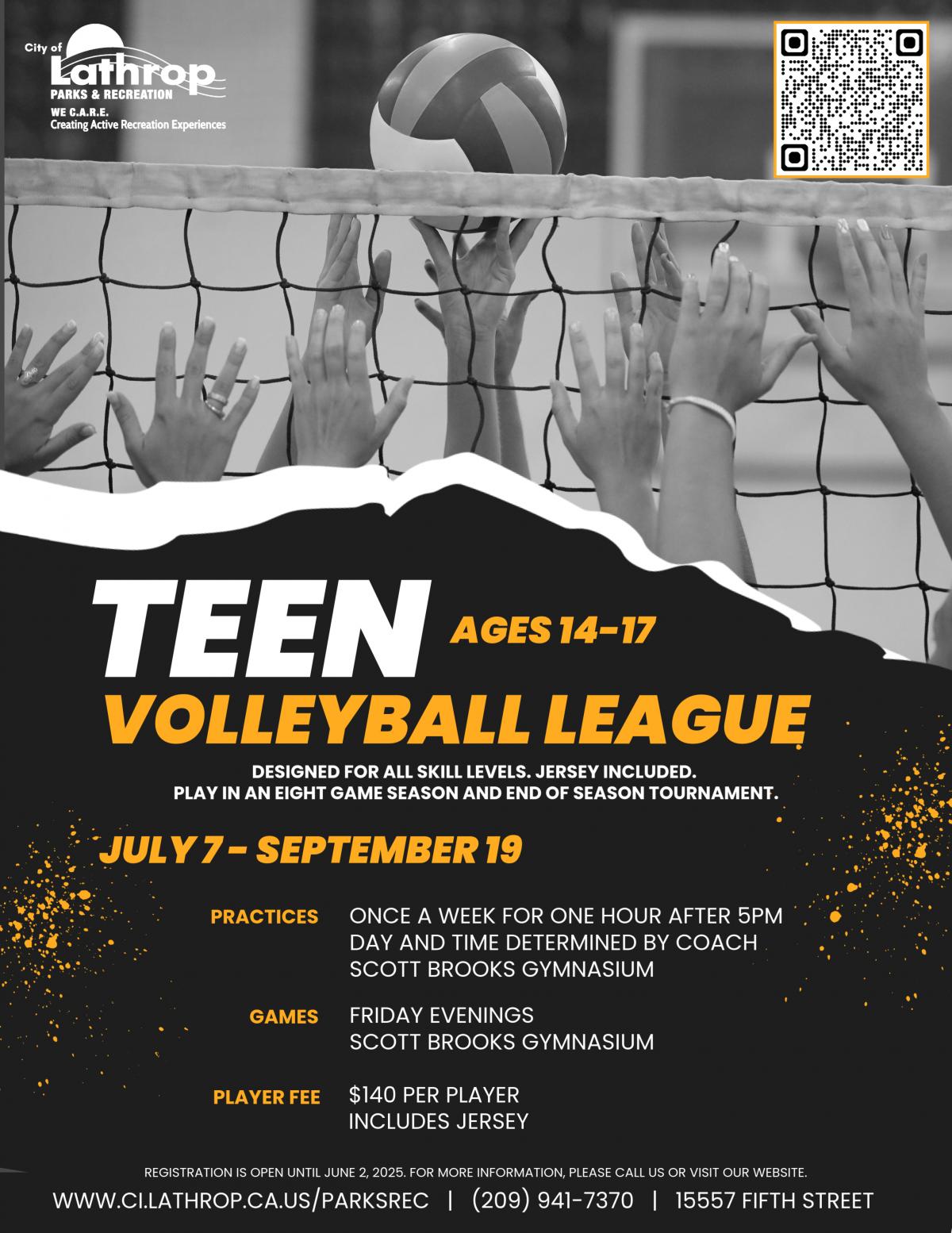 Teen Volleyball League | July 7 - Sept 19 | Scott Brooks Gym 15557 Fifth Street | Games Played Friday Evenings 
