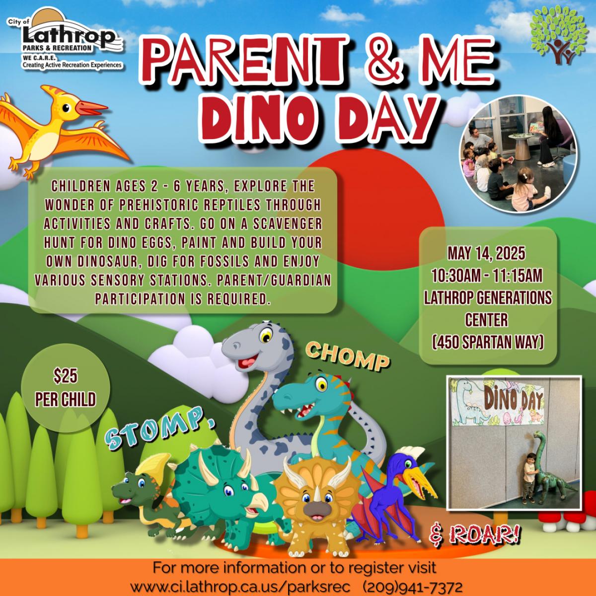 Parent & Me Dino Day | Wednesday, May 14th | 10:30AM - 11:15AM | 450 Spartan Way - Generations Center | $25 Per Child