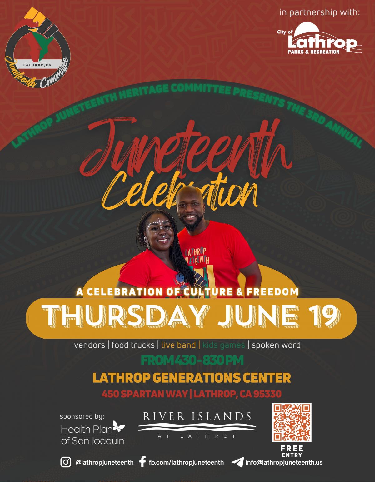Juneteenth Celebration | Thursday, June 19th | 4:30PM - 8:30PM | Generations Center 450 Spartan Way | FREE ENTRY