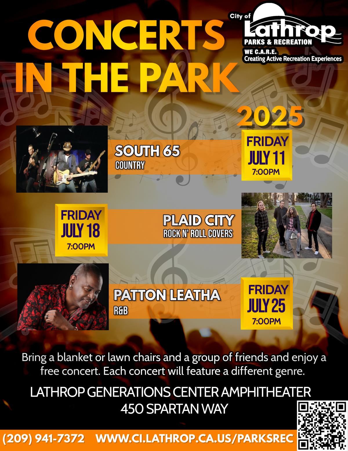 Concerts in the Park | Three Fridays in July | Generations Center 450 Spartan Way | 7:00PM | FREE EVENT!!!