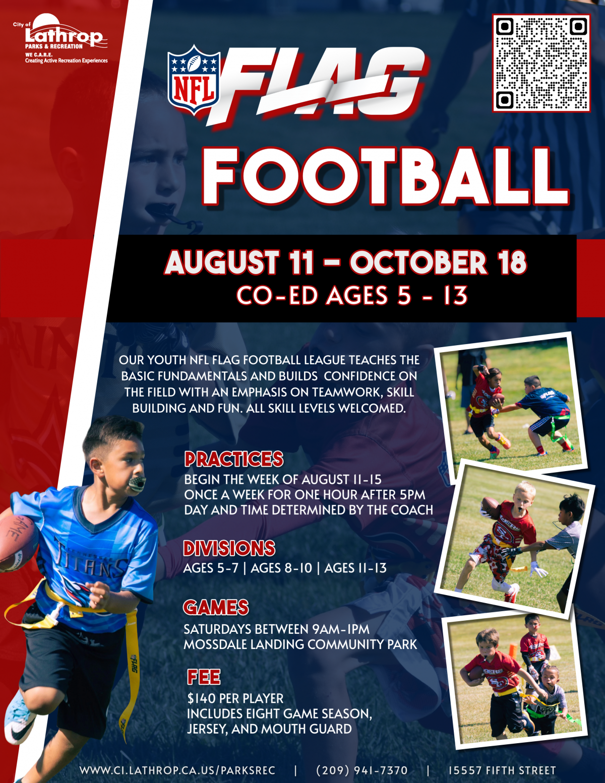 Youth Flag Football | Aug 11 - Oct 18 | CO-ED Ages 5-13 | Games on Saturdays | 700 Towne Centre Drive Mossdale Landing Park